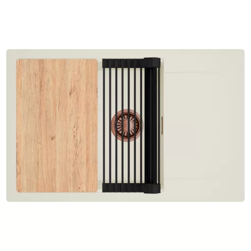 HD Onyx White 78-XL egymedencés mosogatótálca szett, vágódeszkával, matt fekete csepegtetőráccsal, csepegtetőtálcával, tört fehér színben, szálcsiszolt réz leeresztő szifonnal