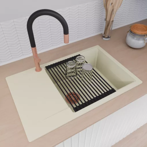 HD Onyx White 78-XL egymedencés mosogatótálca szett, vágódeszkával, matt fekete csepegtetőráccsal, csepegtetőtálcával, tört fehér színben, szálcsiszolt réz leeresztő szifonnal