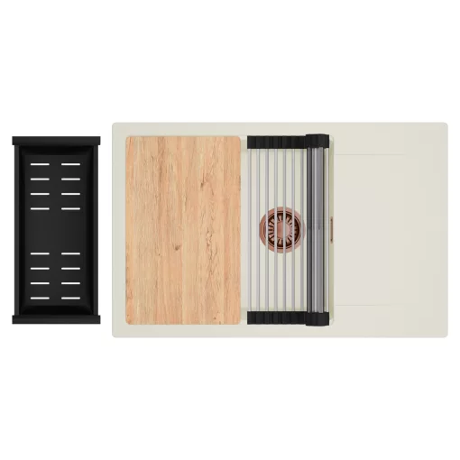 HD Onyx White 78-XL egymedencés mosogatótálca szett, vágódeszkával, acél csepegtetőráccsal és matt fekete kosárral, csepegtetőtálcával, tört fehér színben, szálcsiszolt réz leeresztő szifonnal