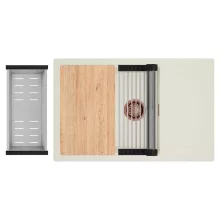 HD Onyx White 78-XL egymedencés mosogatótálca szett, vágódeszkával, acél csepegtetőráccsal és kosárral, csepegtetőtálcával, tört fehér színben, szálcsiszolt réz leeresztő szifonnal