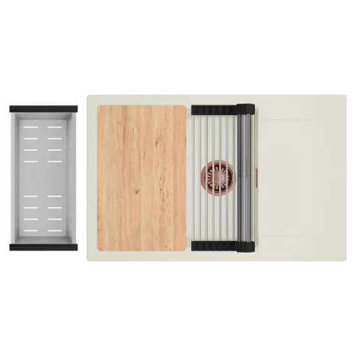 HD Onyx White 78-XL egymedencés mosogatótálca szett, vágódeszkával, acél csepegtetőráccsal és kosárral, csepegtetőtálcával, tört fehér színben, szálcsiszolt réz leeresztő szifonnal