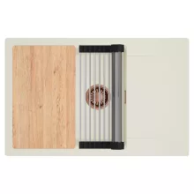 HD Onyx White 78-XL egymedencés mosogatótálca szett, vágódeszkával, acél csepegtetőráccsal, csepegtetőtálcával, tört fehér színben, szálcsiszolt réz leeresztő szifonnal