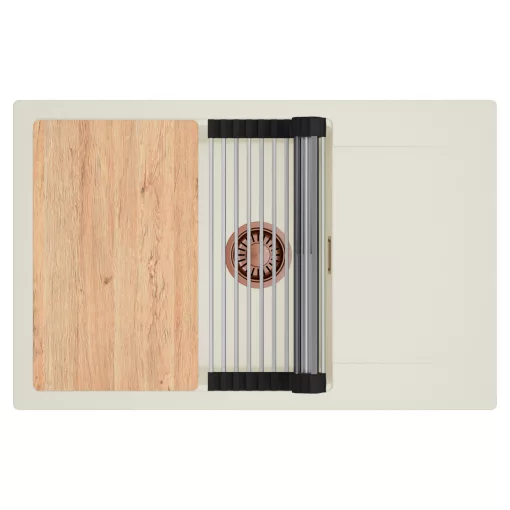 HD Onyx White 78-XL egymedencés mosogatótálca szett, vágódeszkával, acél csepegtetőráccsal, csepegtetőtálcával, tört fehér színben, szálcsiszolt réz leeresztő szifonnal