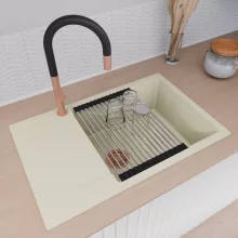 HD Onyx White 78-XL egymedencés mosogatótálca szett, vágódeszkával, acél csepegtetőráccsal, csepegtetőtálcával, tört fehér színben, szálcsiszolt réz leeresztő szifonnal