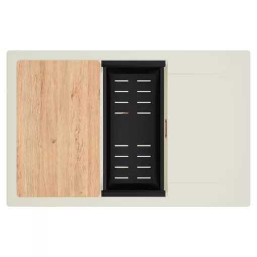 HD Onyx White 78-XL egymedencés mosogatótálca szett, vágódeszkával, matt fekete csepegtetőkosárral, csepegtetőtálcával, tört fehér színben, szálcsiszolt réz leeresztő szifonnal