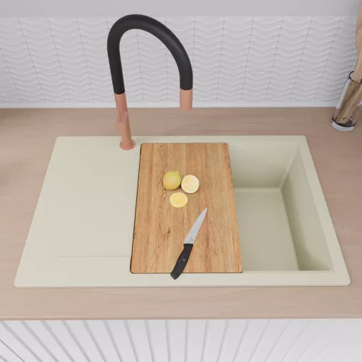 HD Onyx White 78-XL egymedencés mosogatótálca szett, vágódeszkával, matt fekete csepegtetőkosárral, csepegtetőtálcával, tört fehér színben, szálcsiszolt réz leeresztő szifonnal