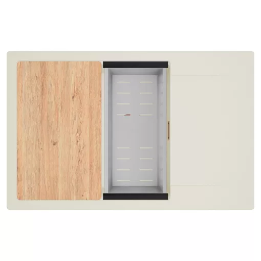 HD Onyx White 78-XL egymedencés mosogatótálca szett, vágódeszkával, acél csepegtetőkosárral, csepegtetőtálcával, tört fehér színben, szálcsiszolt réz leeresztő szifonnal