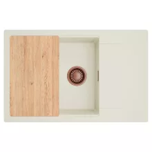 HD Onyx White 78-XL egymedencés mosogatótálca, vágódeszkával, csepegtetőtálcával, tört fehér színben, szálcsiszolt réz leeresztő szifonnal