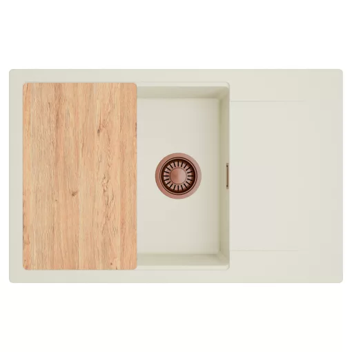 HD Onyx White 78-XL egymedencés mosogatótálca, vágódeszkával, csepegtetőtálcával, tört fehér színben, szálcsiszolt réz leeresztő szifonnal