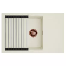 HD Onyx White 78-XL egymedencés mosogatótálca szett, acél csepegtetőráccsal, csepegtetőtálcával, tört fehér színben, szálcsiszolt réz leeresztő szifonnal