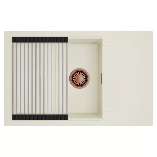 HD Onyx White 78-XL egymedencés mosogatótálca szett, acél csepegtetőráccsal, csepegtetőtálcával, tört fehér színben, szálcsiszolt réz leeresztő szifonnal