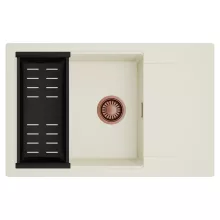 HD Onyx White 78-XL egymedencés mosogatótálca szett, matt fekete csepegtetőkosárral, csepegtetőtálcával, tört fehér színben, szálcsiszolt réz leeresztő szifonnal