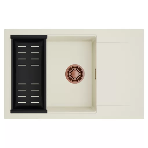 HD Onyx White 78-XL egymedencés mosogatótálca szett, matt fekete csepegtetőkosárral, csepegtetőtálcával, tört fehér színben, szálcsiszolt réz leeresztő szifonnal
