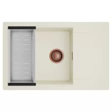 HD Onyx White 78-XL egymedencés mosogatótálca szett, acél csepegtetőkosárral, csepegtetőtálcával, tört fehér színben, szálcsiszolt réz leeresztő szifonnal