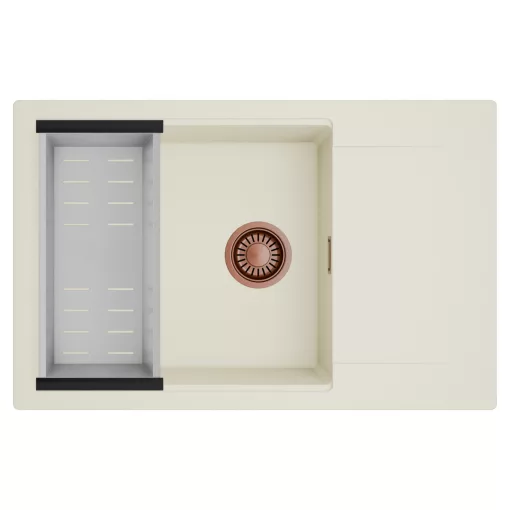 HD Onyx White 78-XL egymedencés mosogatótálca szett, acél csepegtetőkosárral, csepegtetőtálcával, tört fehér színben, szálcsiszolt réz leeresztő szifonnal