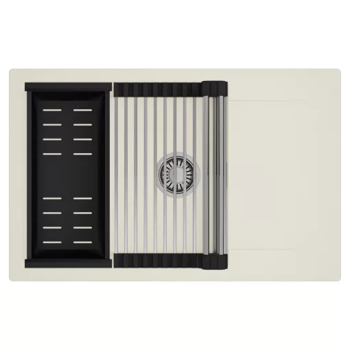 HD Onyx White 78-XL egymedencés mosogatótálca szett, acél csepegtetőráccsal és matt fekete kosárral, csepegtetőtálcával, tört fehér színben