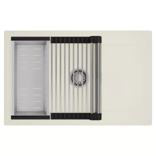 HD Onyx White 78-XL egymedencés mosogatótálca szett, acél csepegtetőráccsal és kosárral, csepegtetőtálcával, tört fehér színben