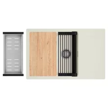 HD Onyx White 78-XL egymedencés mosogatótálca szett, vágódeszkával, matt fekete csepegtetőráccsal és krómozott kosárral, csepegtetőtálcával, tört fehér színben