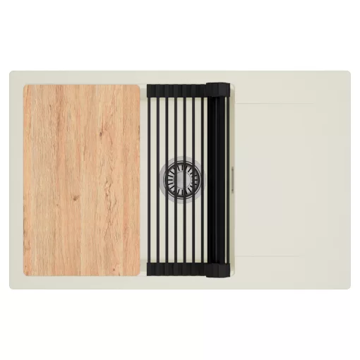 HD Onyx White 78-XL egymedencés mosogatótálca szett, vágódeszkával, matt fekete csepegtetőráccsal, csepegtetőtálcával, tört fehér színben