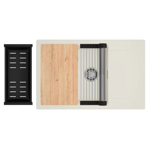 HD Onyx White 78-XL egymedencés mosogatótálca szett, vágódeszkával, acél csepegtetőráccsal és matt fekete kosárral, csepegtetőtálcával, tört fehér színben