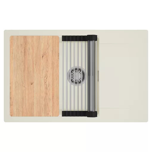 HD Onyx White 78-XL egymedencés mosogatótálca szett, vágódeszkával, acél csepegtetőráccsal, csepegtetőtálcával, tört fehér színben