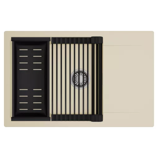 HD Onyx Beige 78-XL egymedencés mosogatótálca szett, matt fekete csepegtetőráccsal és kosárral, csepegtetőtálcával, soft bézs színben, szálcsiszolt króm leeresztő szifonnal