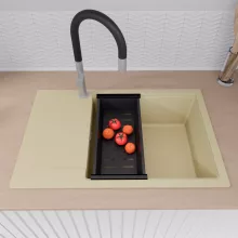 HD Onyx Beige 78-XL egymedencés mosogatótálca szett, matt fekete csepegtetőráccsal és kosárral, csepegtetőtálcával, soft bézs színben, szálcsiszolt króm leeresztő szifonnal