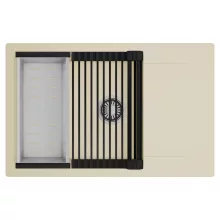 HD Onyx Beige 78-XL egymedencés mosogatótálca szett, matt fekete csepegtetőráccsal és krómozott kosárral, csepegtetőtálcával, soft bézs színben, szálcsiszolt króm leeresztő szifonnal