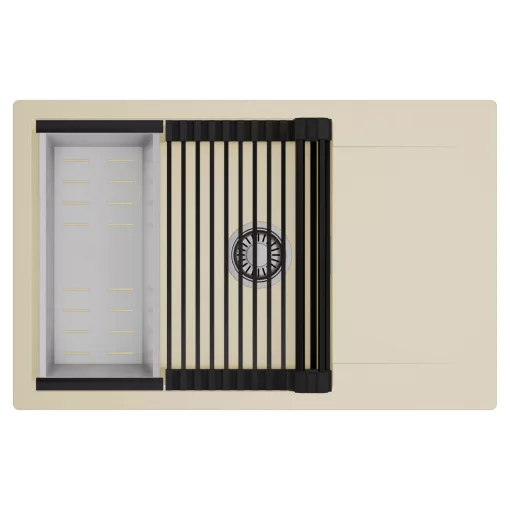 HD Onyx Beige 78-XL egymedencés mosogatótálca szett, matt fekete csepegtetőráccsal és krómozott kosárral, csepegtetőtálcával, soft bézs színben, szálcsiszolt króm leeresztő szifonnal