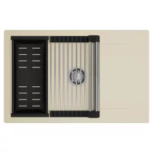 HD Onyx Beige 78-XL egymedencés mosogatótálca szett, acél csepegtetőráccsal és matt fekete kosárral, csepegtetőtálcával, soft bézs színben, szálcsiszolt króm leeresztő szifonnal