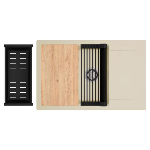 HD Onyx Beige 78-XL egymedencés gránit mosogatótálca szett, csepegtetőtálcával, vágódeszkával, matt fekete csepegtetőráccsal és kosárral, soft bézs színben, szálcsiszolt króm leeresztő szifonnal