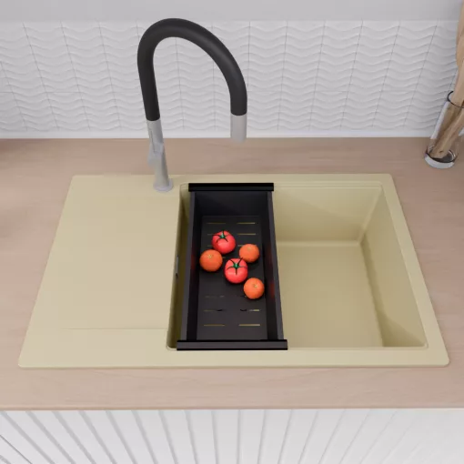 HD Onyx Beige 78-XL egymedencés gránit mosogatótálca szett, csepegtetőtálcával, vágódeszkával, matt fekete csepegtetőráccsal és kosárral, soft bézs színben, szálcsiszolt króm leeresztő szifonnal