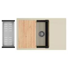 HD Onyx Beige 78-XL egymedencés gránit mosogatótálca szett, csepegtetőtálcával, vágódeszkával, matt fekete csepegtetőráccsal és krómozott kosárral, soft bézs színben, szálcsiszolt króm leeresztő szifonnal