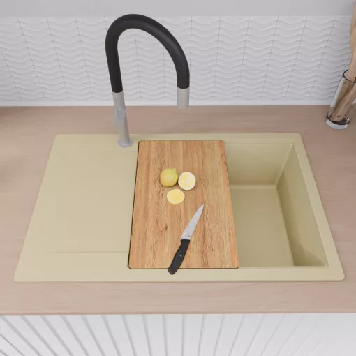 HD Onyx Beige 78-XL egymedencés gránit mosogatótálca szett, csepegtetőtálcával, vágódeszkával, matt fekete csepegtetőráccsal és krómozott kosárral, soft bézs színben, szálcsiszolt króm leeresztő szifonnal