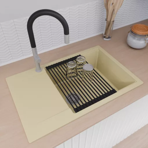 HD Onyx Beige 78-XL egymedencés gránit mosogatótálca szett, csepegtetőtálcával, vágódeszkával, matt fekete csepegtetőráccsal és krómozott kosárral, soft bézs színben, szálcsiszolt króm leeresztő szifonnal