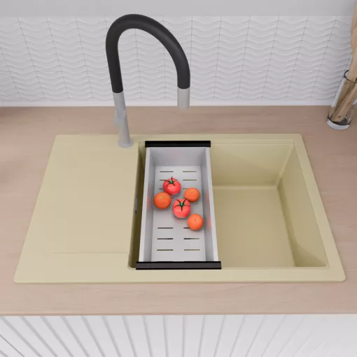 HD Onyx Beige 78-XL egymedencés gránit mosogatótálca szett, csepegtetőtálcával, vágódeszkával, matt fekete csepegtetőráccsal és krómozott kosárral, soft bézs színben, szálcsiszolt króm leeresztő szifonnal