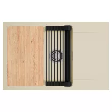 HD Onyx Beige 78-XL egymedencés gránit mosogatótálca szett, csepegtetőtálcával, vágódeszkával, matt fekete csepegtetőráccsal, soft bézs színben, szálcsiszolt króm leeresztő szifonnal