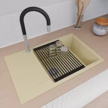 HD Onyx Beige 78-XL egymedencés gránit mosogatótálca szett, csepegtetőtálcával, vágódeszkával, matt fekete csepegtetőráccsal, soft bézs színben, szálcsiszolt króm leeresztő szifonnal