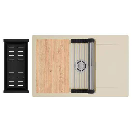 HD Onyx Beige 78-XL egymedencés gránit mosogatótálca szett, csepegtetőtálcával, vágódeszkával, acél csepegtetőráccsal és matt fekete kosárral, soft bézs színben, szálcsiszolt króm leeresztő szifonnal