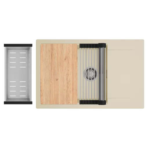 HD Onyx Beige 78-XL egymedencés gránit mosogatótálca szett, csepegtetőtálcával, vágódeszkával, acél csepegtetőráccsal és kosárral, soft bézs színben, szálcsiszolt króm leeresztő szifonnal