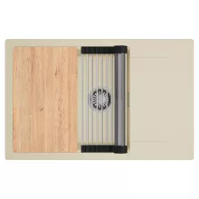 HD Onyx Beige 78-XL egymedencés gránit mosogatótálca szett, csepegtetőtálcával, vágódeszkával, acél csepegtetőráccsal, soft bézs színben, szálcsiszolt króm leeresztő szifonnal