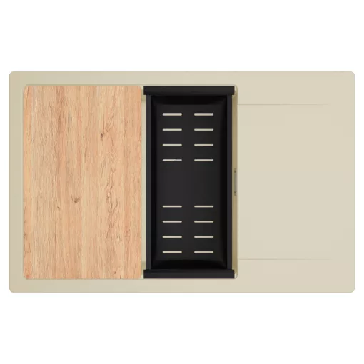 HD Onyx Beige 78-XL egymedencés gránit mosogatótálca szett, csepegtetőtálcával, vágódeszkával, matt fekete csepegtetőkosárral, soft bézs színben, szálcsiszolt króm leeresztő szifonnal