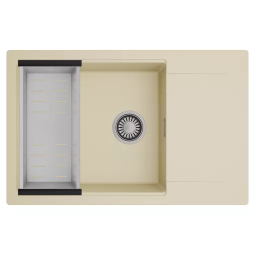 HD Onyx Beige 78-XL egymedencés mosogatótálca szett, acél csepegtetőkosárral, csepegtetőtálcával, soft bézs színben, szálcsiszolt króm leeresztő szifonnal