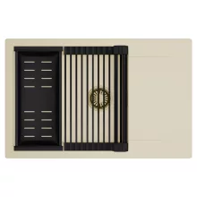 HD Onyx Beige 78-XL egymedencés mosogatótálca szett, matt fekete csepegtetőráccsal és kosárral, csepegtetőtálcával, soft bézs színben, szálcsiszolt arany leeresztő szifonnal