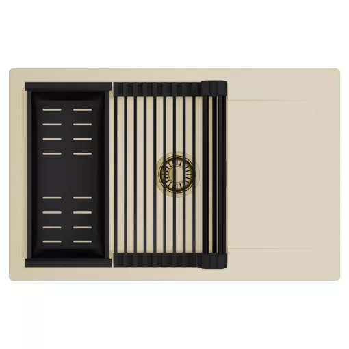 HD Onyx Beige 78-XL egymedencés mosogatótálca szett, matt fekete csepegtetőráccsal és kosárral, csepegtetőtálcával, soft bézs színben, szálcsiszolt arany leeresztő szifonnal