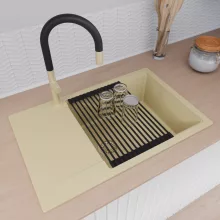 HD Onyx Beige 78-XL egymedencés mosogatótálca szett, matt fekete csepegtetőráccsal és kosárral, csepegtetőtálcával, soft bézs színben, szálcsiszolt arany leeresztő szifonnal