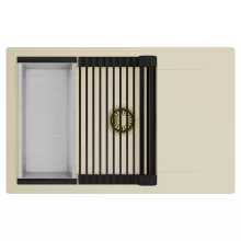 HD Onyx Beige 78-XL egymedencés mosogatótálca szett, matt fekete csepegtetőráccsal és krómozott kosárral, csepegtetőtálcával, soft bézs színben, szálcsiszolt arany leeresztő szifonnal