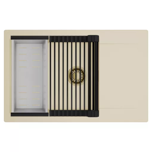 HD Onyx Beige 78-XL egymedencés mosogatótálca szett, matt fekete csepegtetőráccsal és krómozott kosárral, csepegtetőtálcával, soft bézs színben, szálcsiszolt arany leeresztő szifonnal