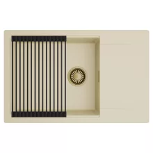 HD Onyx Beige 78-XL egymedencés mosogatótálca szett, matt fekete csepegtetőráccsal, csepegtetőtálcával, soft bézs színben, szálcsiszolt arany leeresztő szifonnal