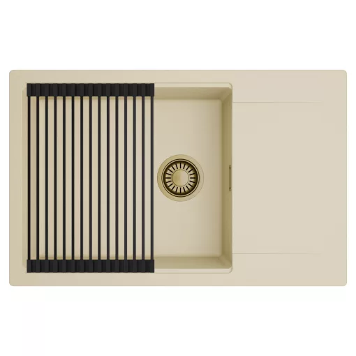 HD Onyx Beige 78-XL egymedencés mosogatótálca szett, matt fekete csepegtetőráccsal, csepegtetőtálcával, soft bézs színben, szálcsiszolt arany leeresztő szifonnal